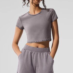 ALO Yoga Washed Alosoft Crop Finesse Short Sleeve, size small, cool grey wash
